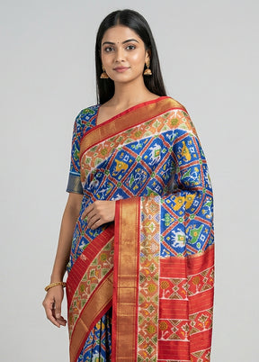Blue Handloom Ikkat Pure Silk Saree With Blouse Piece