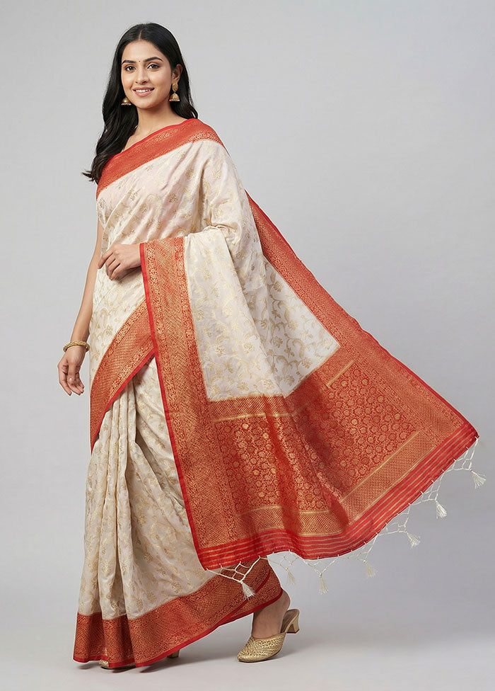 Cream Dupion Silk Saree With Blouse Piece