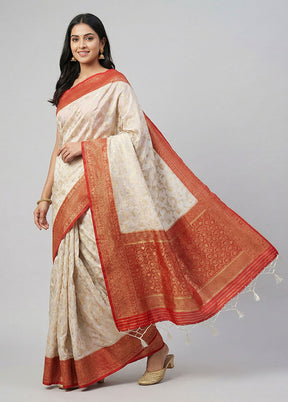 Cream Dupion Silk Saree With Blouse Piece
