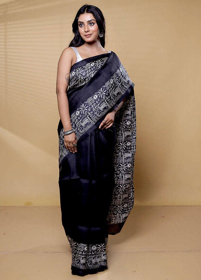 Black Printed Silk Saree Without Blouse Piece