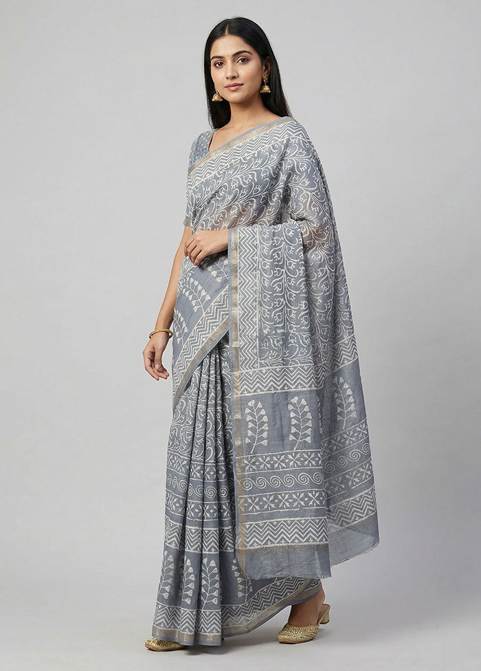 Grey Chanderi Silk Saree With Blouse Piece
