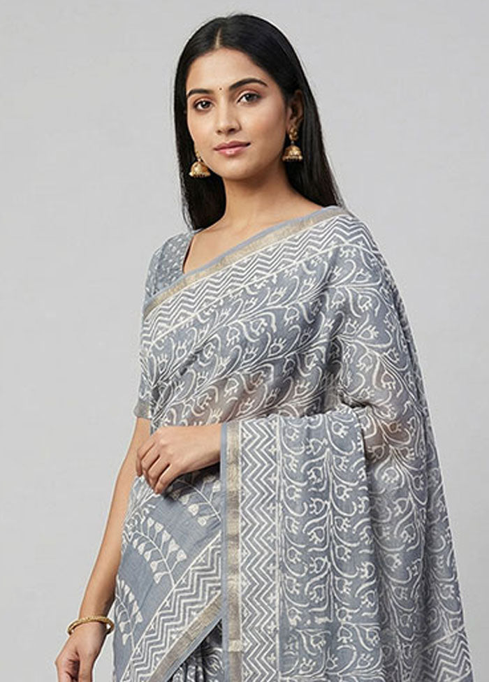 Grey Chanderi Silk Saree With Blouse Piece