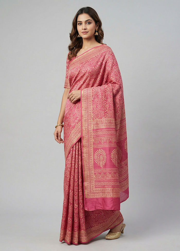Pink Chanderi Silk Saree With Blouse Piece