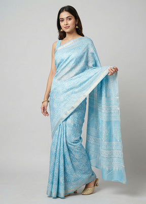Blue Chanderi Silk Saree With Blouse Piece