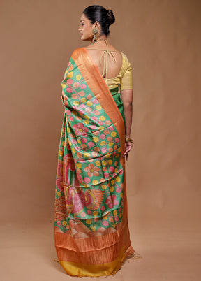 Green Handloom Tussar Pure Silk Saree With Blouse Piece