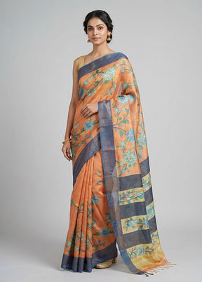 Peach Handloom Tussar Pure Silk Saree With Blouse Piece