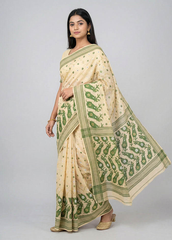 Cream Jamdani Cotton Saree Without Blouse Piece