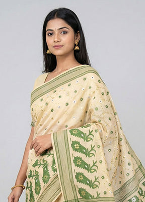 Cream Jamdani Cotton Saree Without Blouse Piece