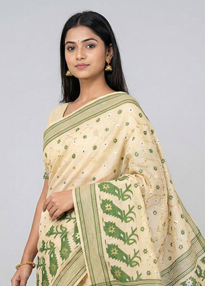 Cream Jamdani Cotton Saree Without Blouse Piece