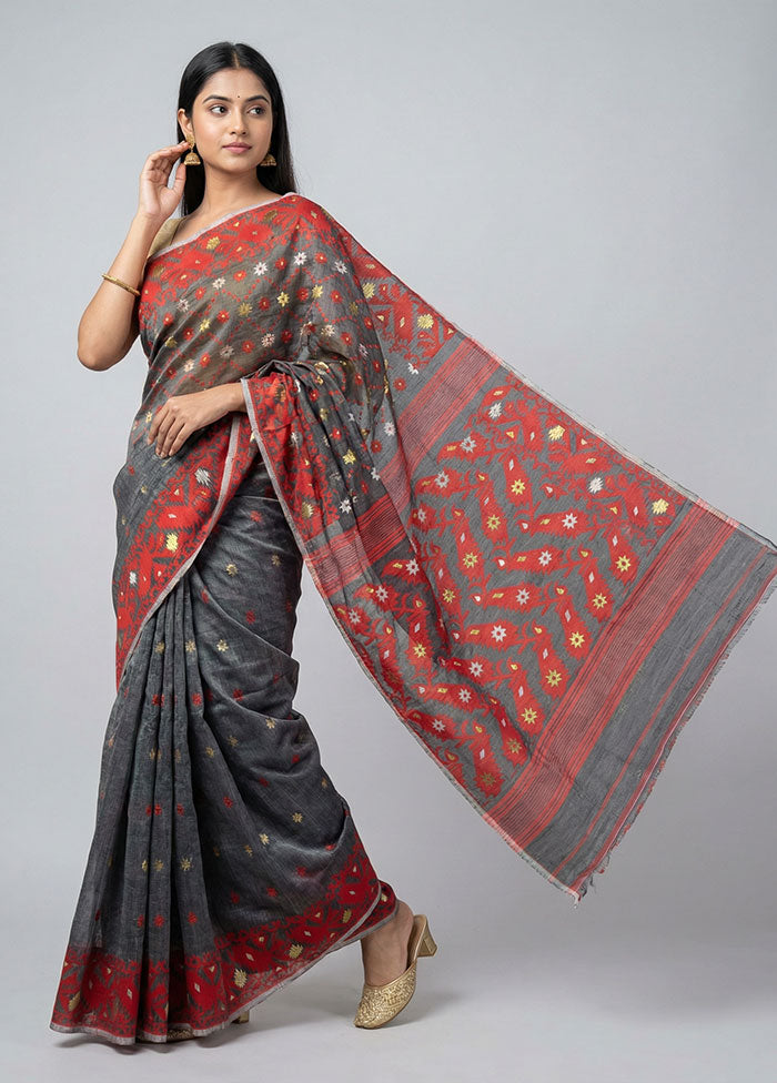 Black Jamdani Cotton Saree Without Blouse Piece