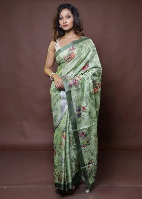 Green Handloom Tussar Pure Silk Saree With Blouse Piece