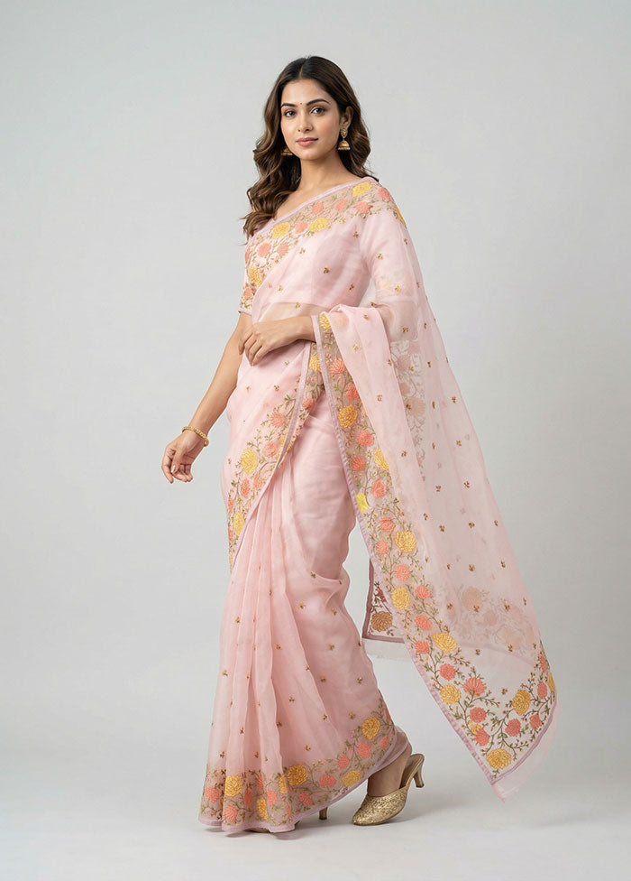 Pink Organza Saree With Blouse Piece