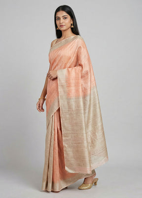 Peach Tussar Silk Saree With Blouse Piece