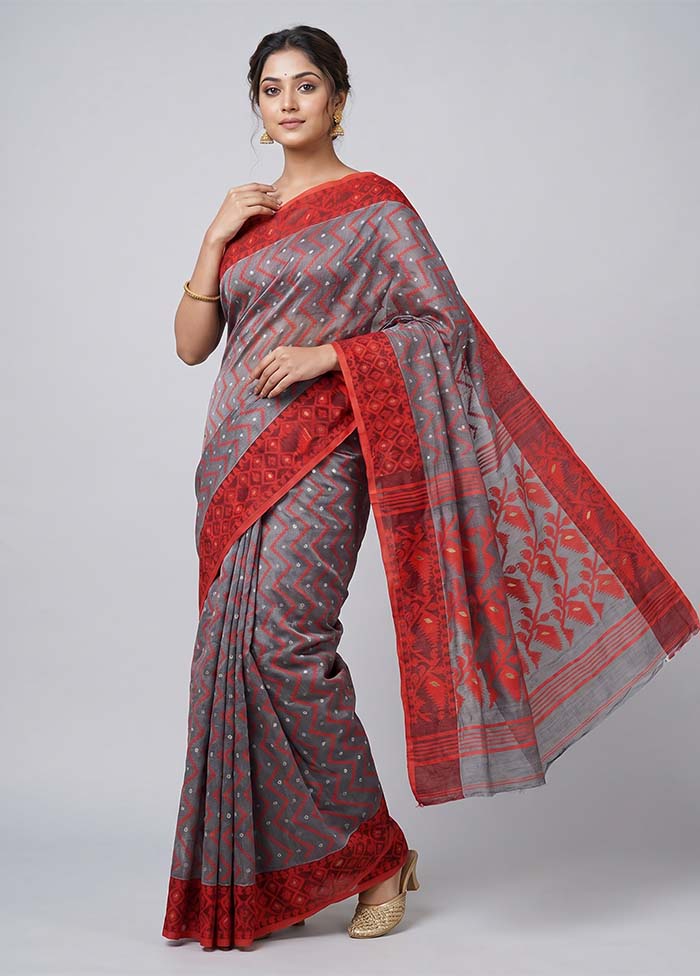 Grey Jamdani Cotton Saree Without Blouse Piece