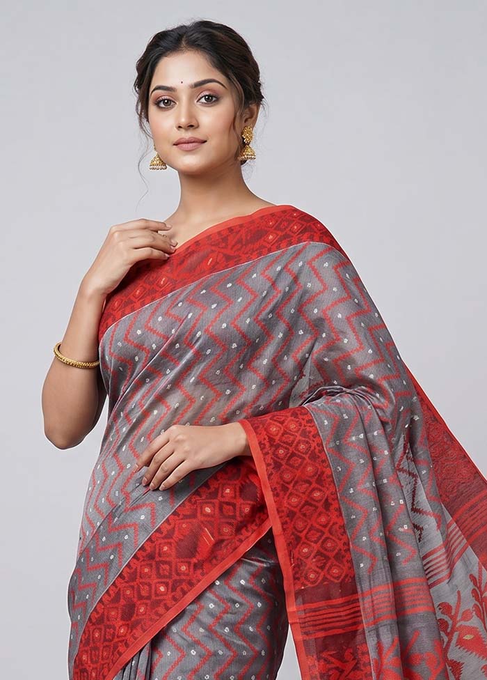 Grey Jamdani Cotton Saree Without Blouse Piece