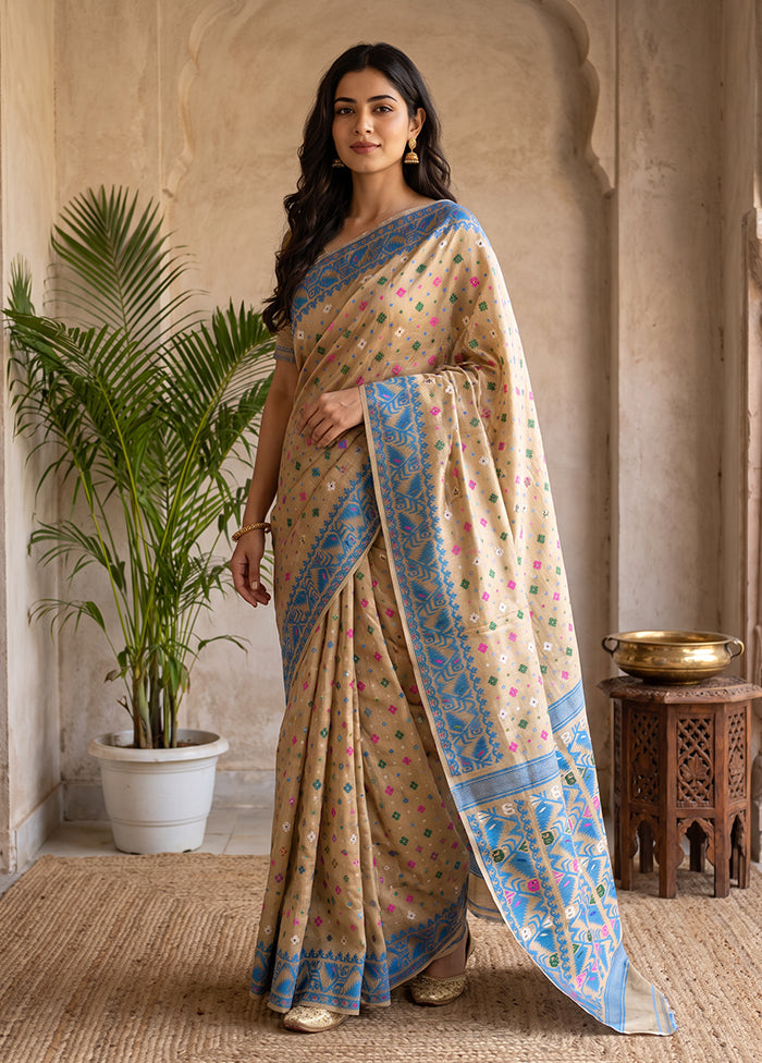 Cream Jamdani Cotton Saree Without Blouse Piece