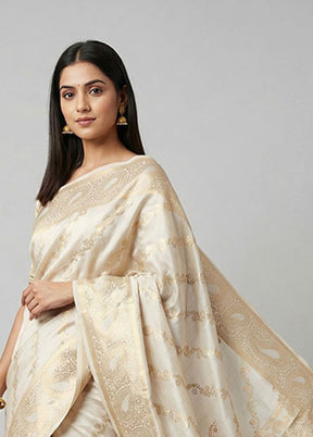 White Handloom Dupion Pure Silk Saree With Blouse Piece