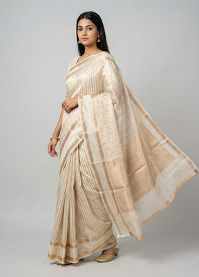 White Handloom Dupion Pure Silk Saree With Blouse Piece