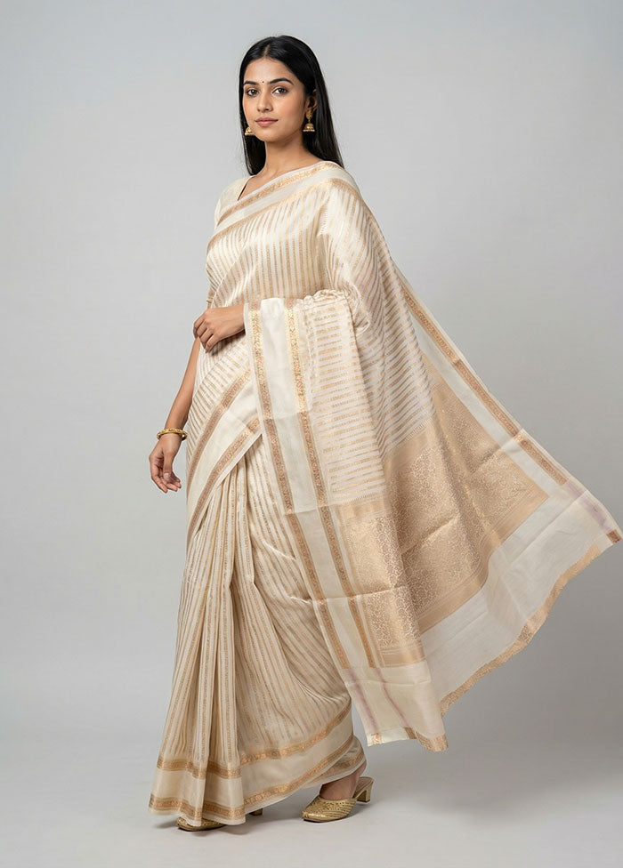 White Handloom Dupion Pure Silk Saree With Blouse Piece