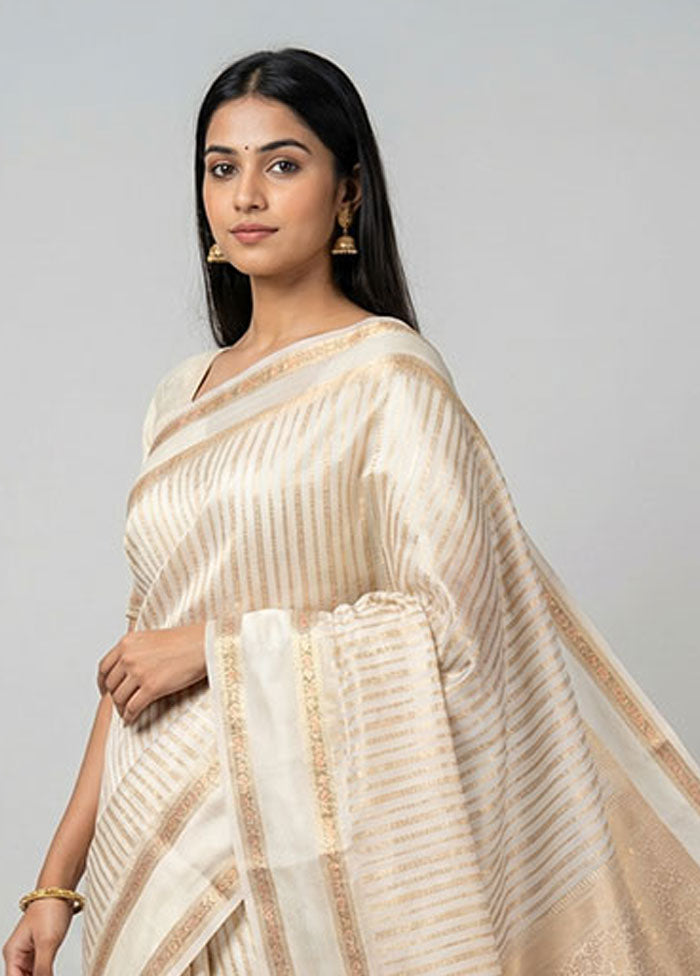 White Handloom Dupion Pure Silk Saree With Blouse Piece