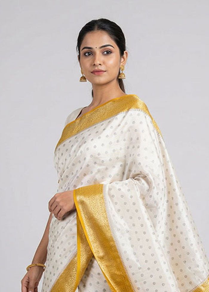 White Handloom Dupion Pure Silk Saree With Blouse Piece