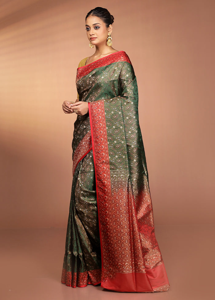Green Handloom Jamewar Pure Silk Saree With Blouse Piece