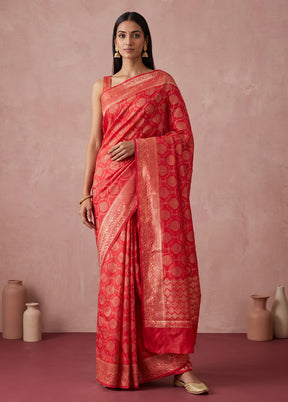 Red Dupion Silk Saree With Blouse Piece