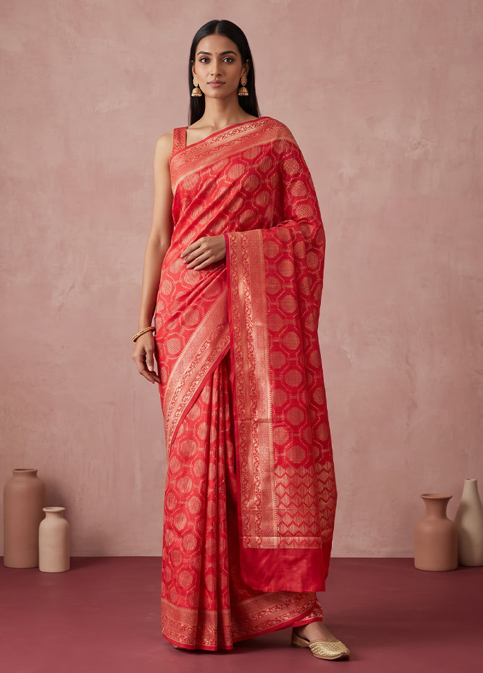 Red Dupion Silk Saree With Blouse Piece