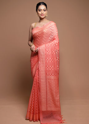 Peach Pure Cotton Saree With Blouse Piece