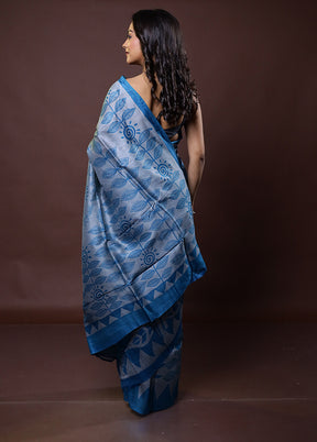 Blue Printed Pure Silk Saree Without Blouse Piece