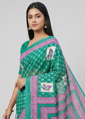 Green Printed Silk Saree Without Blouse Piece