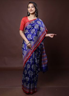 Blue Printed Pure Silk Saree Without Blouse Piece