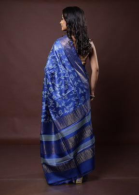 Blue Tussar Silk Saree With Blouse Piece