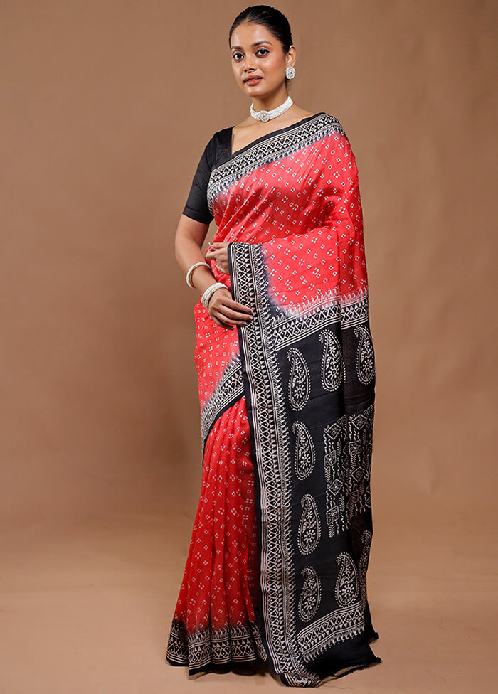 Red Printed Silk Saree Without Blouse Piece