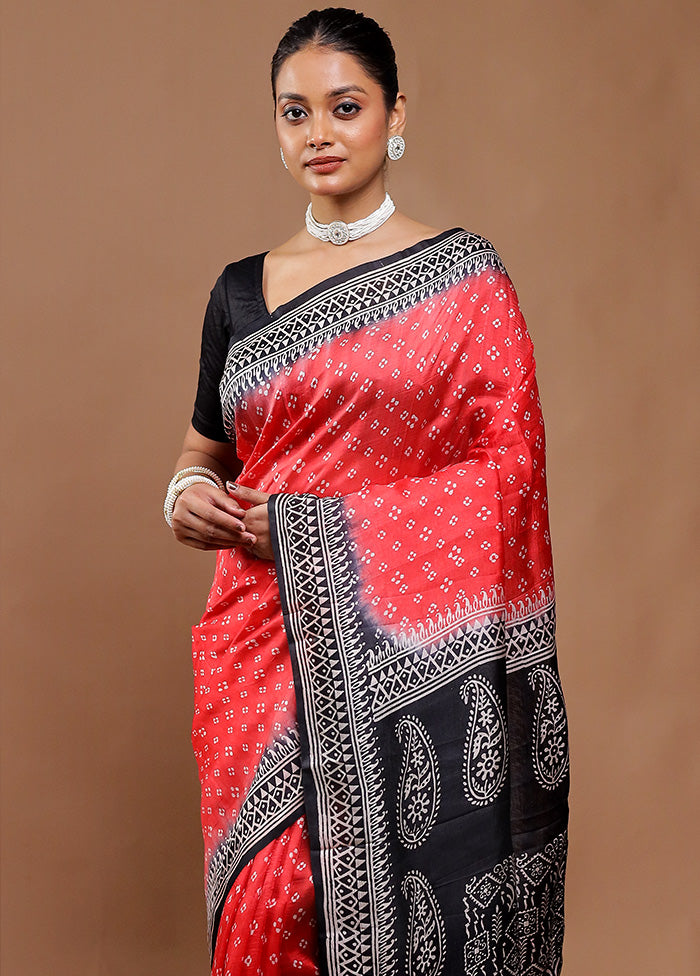 Red Printed Silk Saree Without Blouse Piece