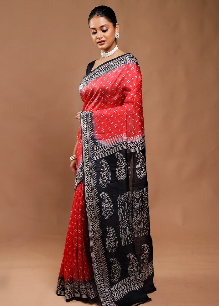 Red Printed Silk Saree Without Blouse Piece