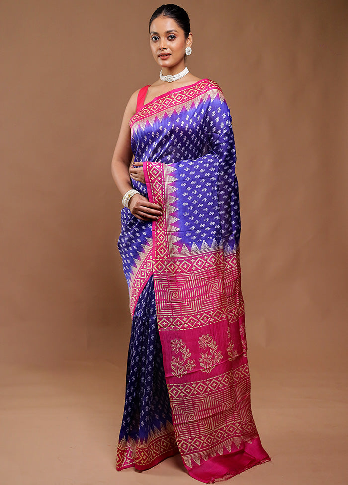 Blue Printed Silk Saree Without Blouse Piece