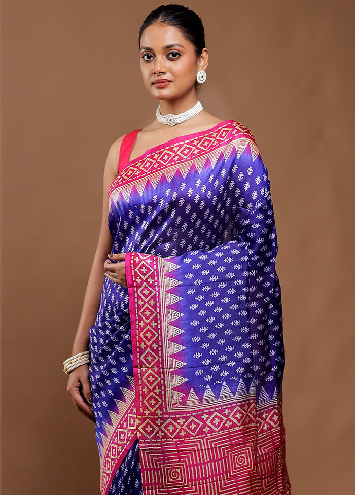 Blue Printed Silk Saree Without Blouse Piece