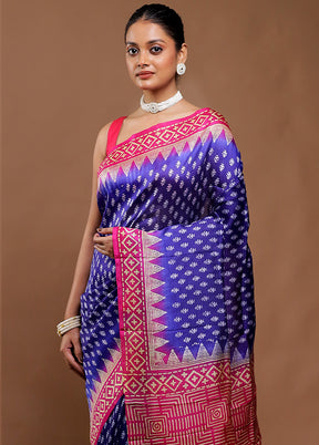 Blue Printed Silk Saree Without Blouse Piece
