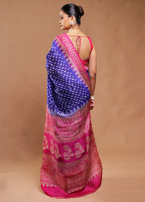 Blue Printed Silk Saree Without Blouse Piece