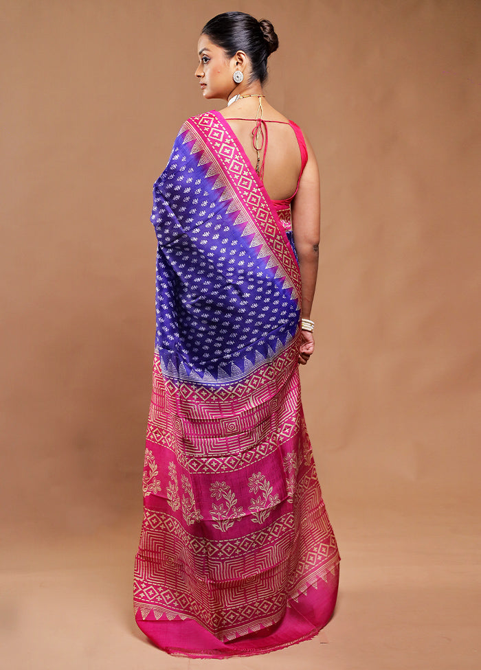 Blue Printed Silk Saree Without Blouse Piece