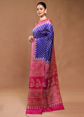 Blue Printed Silk Saree Without Blouse Piece