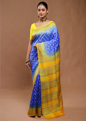Blue Printed Pure Silk Saree Without Blouse Piece