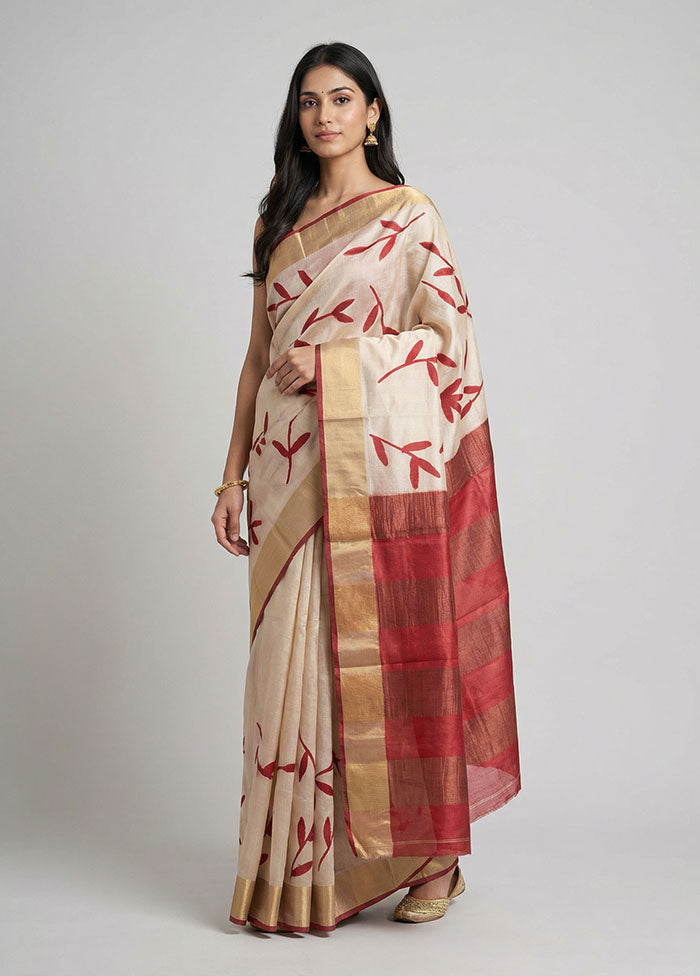 Cream Handloom Tussar Pure Silk Saree With Blouse Piece