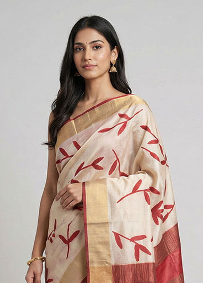 Cream Handloom Tussar Pure Silk Saree With Blouse Piece