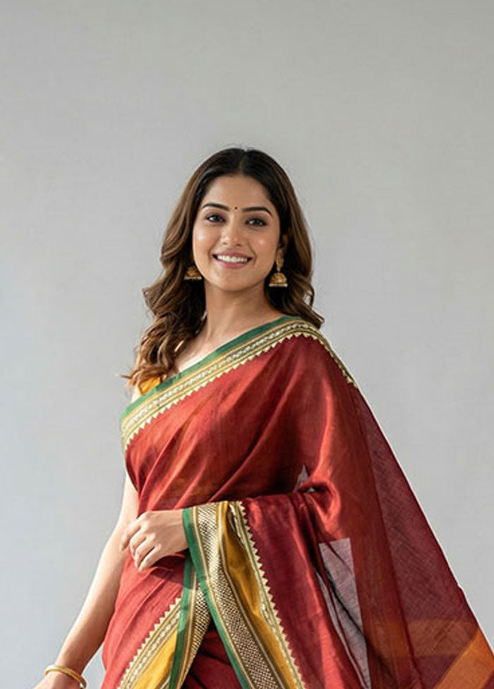 Maroon Cotton Saree With Blouse Piece