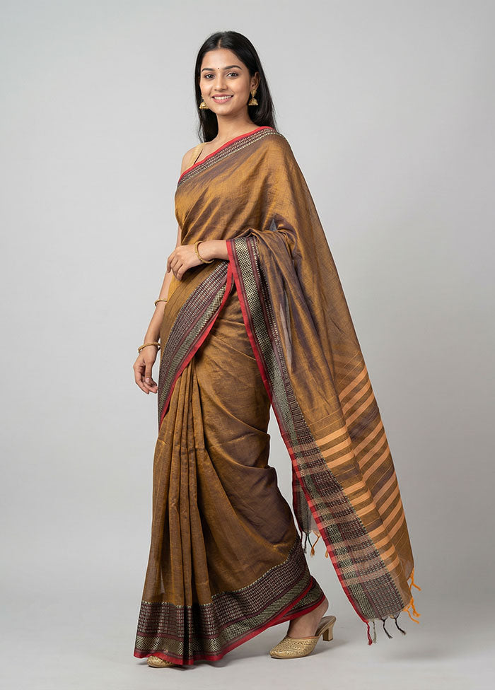 Brown Cotton Saree With Blouse Piece