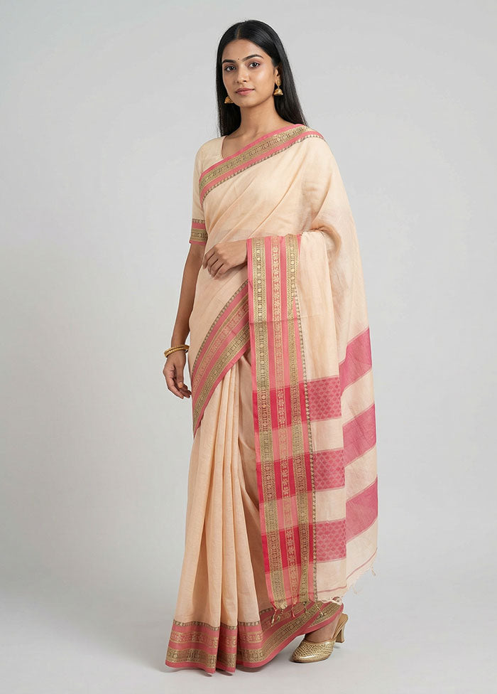 Cream Cotton Saree With Blouse Piece
