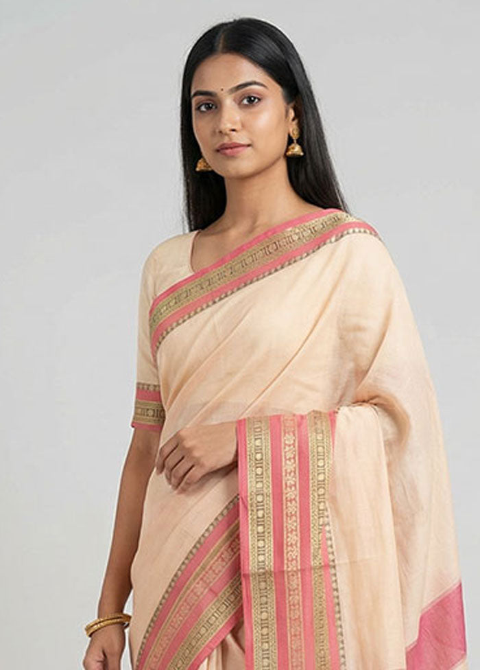 Cream Cotton Saree With Blouse Piece