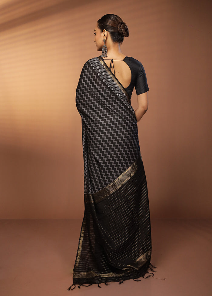 Black Chanderi Cotton Saree With Blouse Piece
